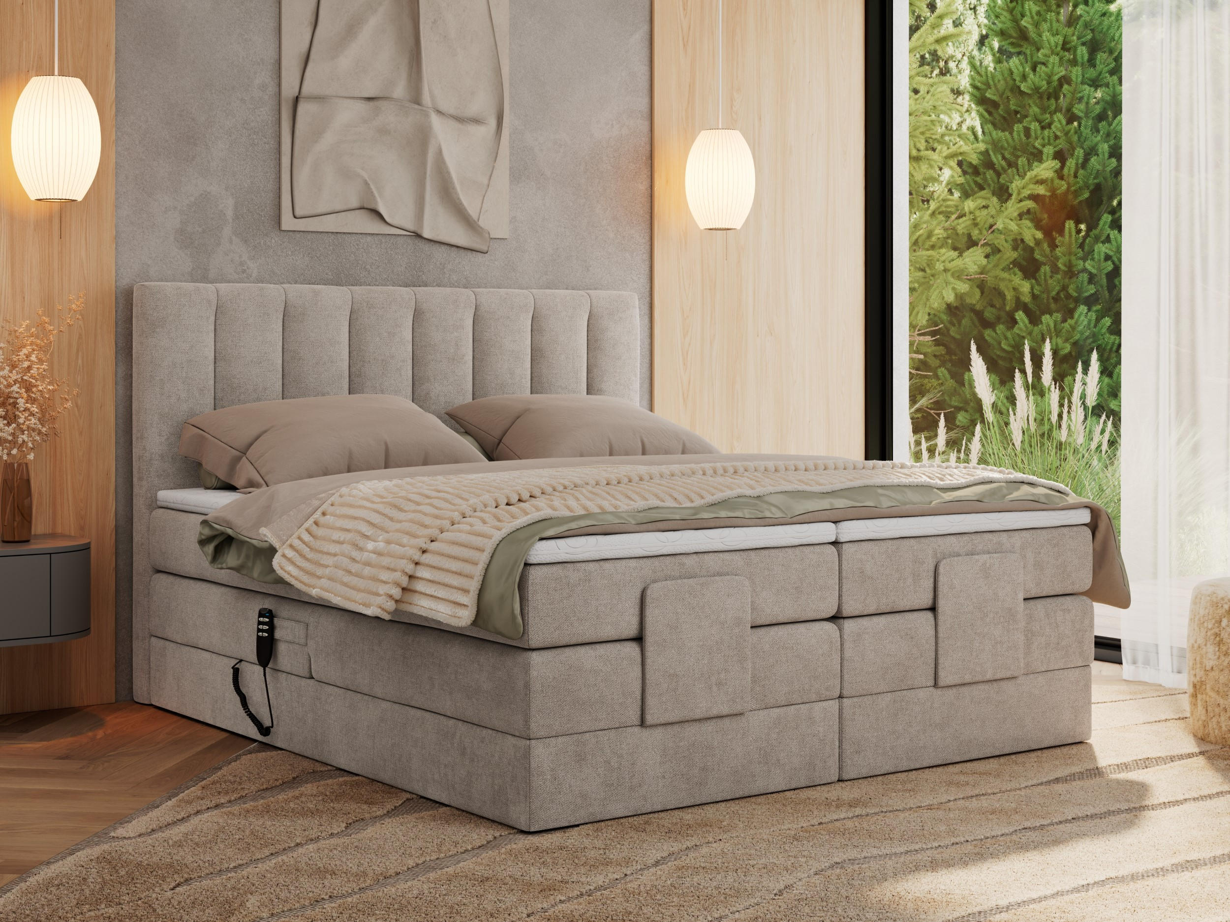 BOXBETT COMFORTO 140/200 - Beige Struktur - H3 - Beige, Holz/Textil (140/200cm) - MKS