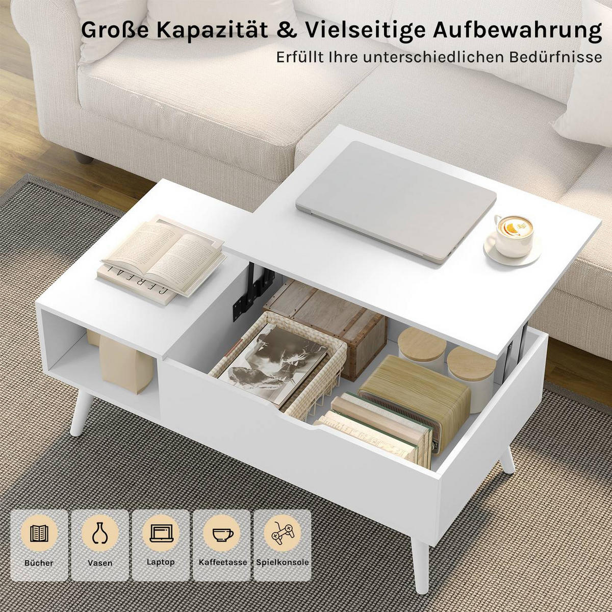 COUCHTISCH höhenverstellbar(47-53 cm), mit Stauraum, Weiß - Weiß, Holzwerkstoff/Metall (50/100/43cm) - Woltu