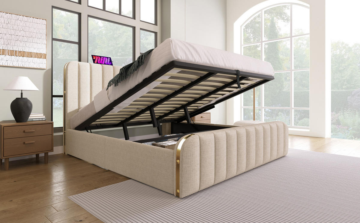 ČALOUNĚNÁ POSTEL 180 × 200 cm, béžové plátno, úložný prostor, USB a Type-C - béžová, kov/kompozitní dřevo (180/200cm) - STILVORA