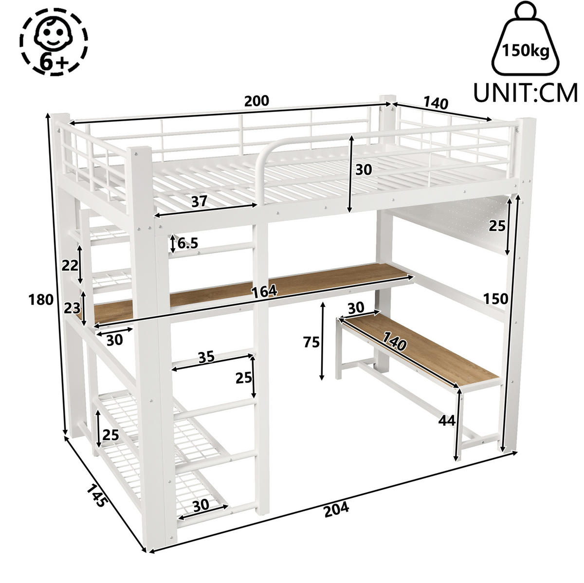 HOCHBETT 140x200 cm in Weiß mit Schreibtisch, Stauraum und LED-Beleuchtung - Weiß, Metall (140/200cm) - IVMEU