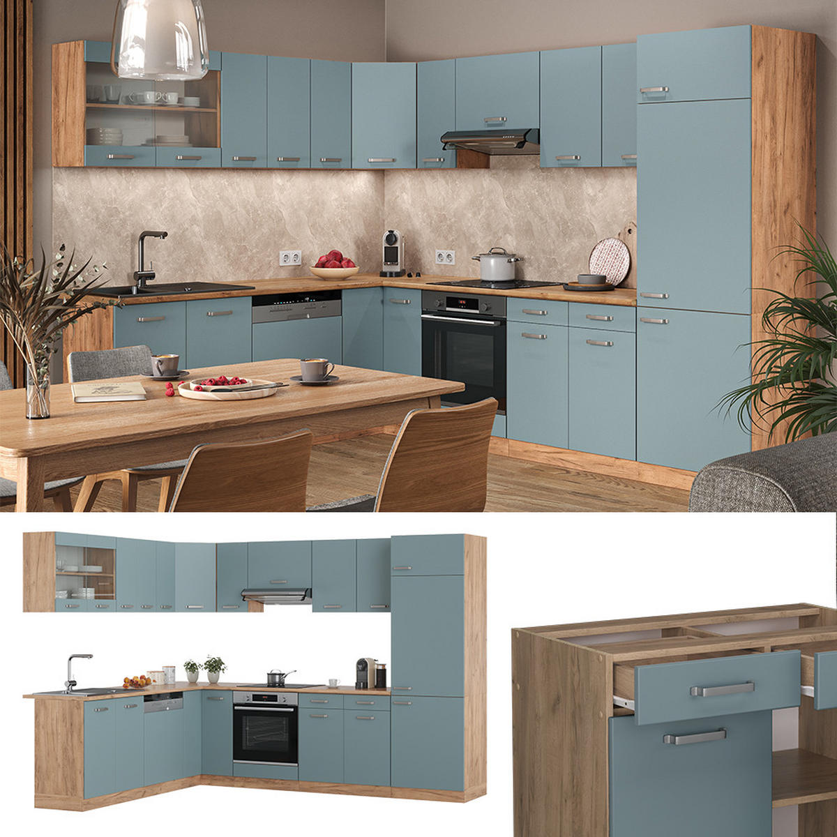 ECKKÜCHE R-Line Blau-Grau/Goldkraft Eiche 227 x 287 cm, AP Eiche - Honigeiche/Blaugrau, Holzwerkstoff (287/81.6/60cm) - Vicco