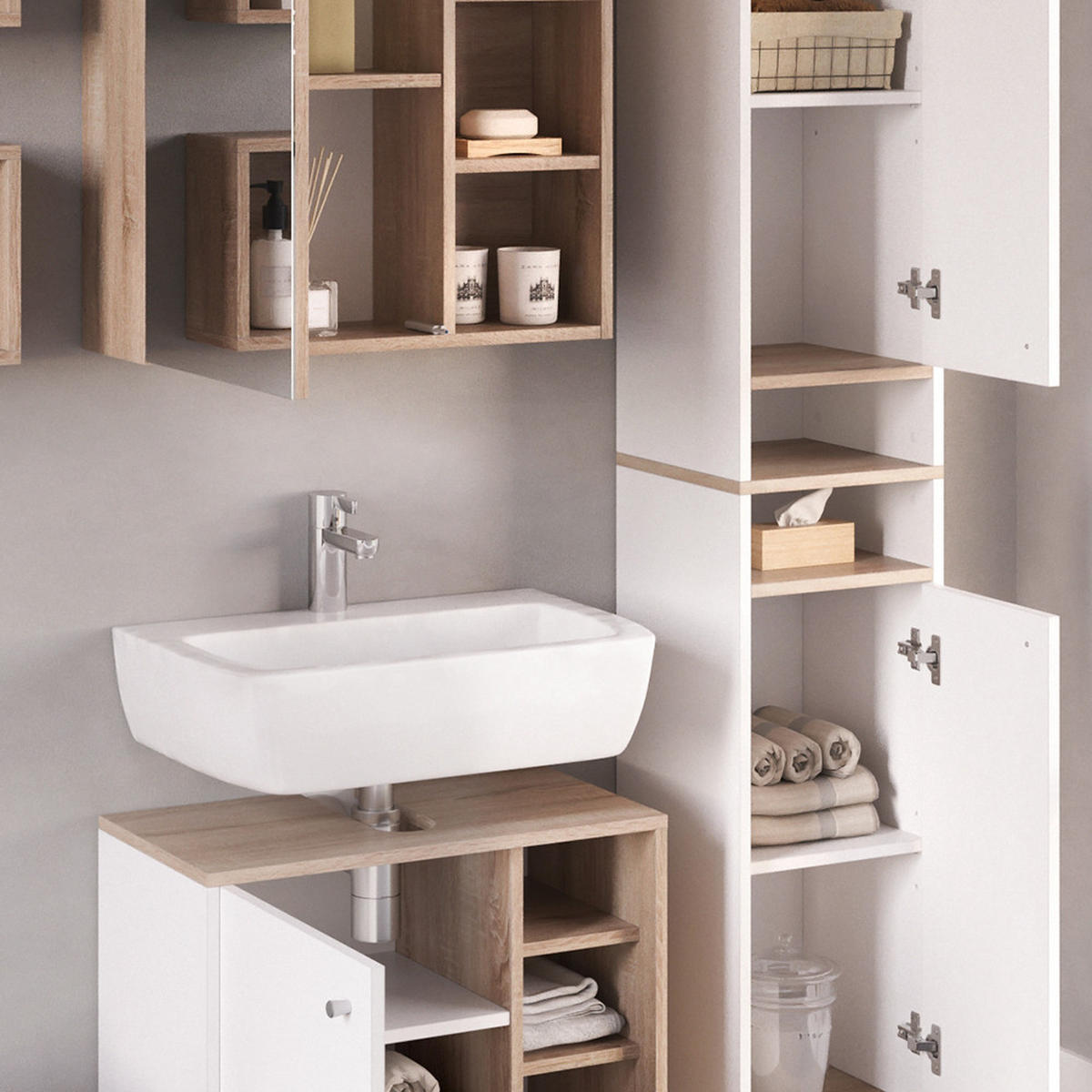 BADMÖBEL-SET Senyo Weiß 4 Teile, mit Hochschrank - Weiß/Sonoma Eiche, Holzwerkstoff (62/54/32cm) - Vicco