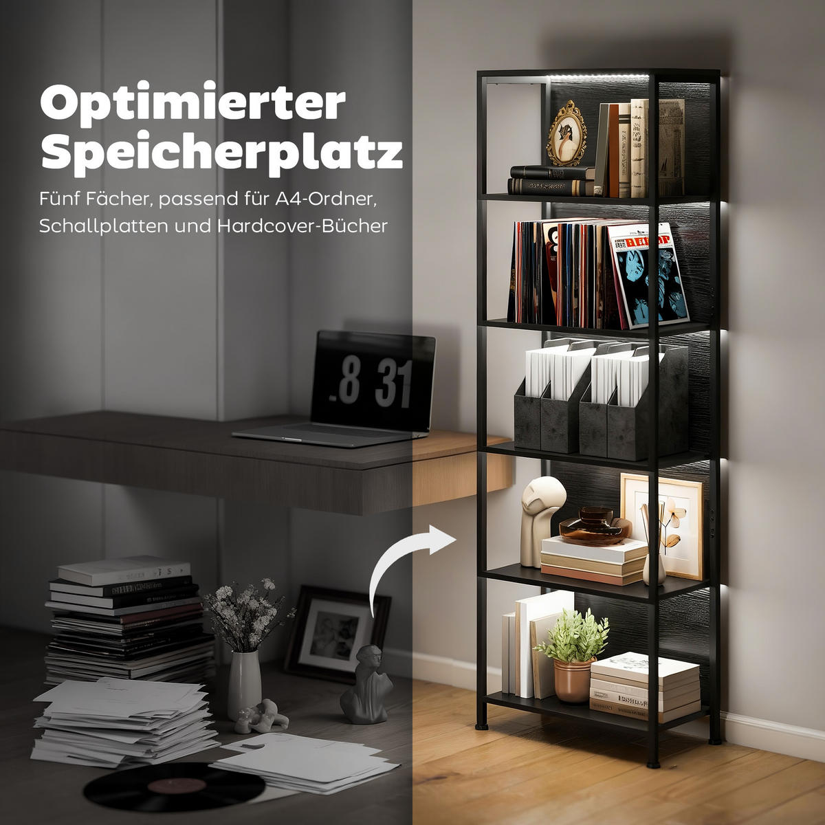 BÜCHERREGAL mit 5 Ebenen Standregal mit LED-Beleuchtung, 7 Lichtfarben, Schwarz - Schwarz, Holzwerkstoff/Metall (30/179/60cm) - HOMCOM