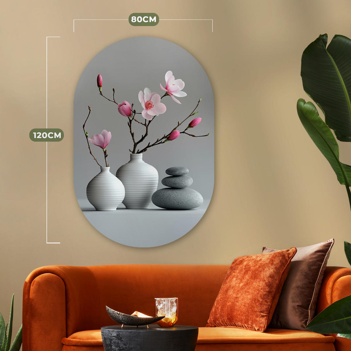 WANDBILD Magnolie - Blumen - Rosa - Zen-Steine 80x120 cm - Hellgrau, Kunststoff (80/120cm) - MuchoWow
