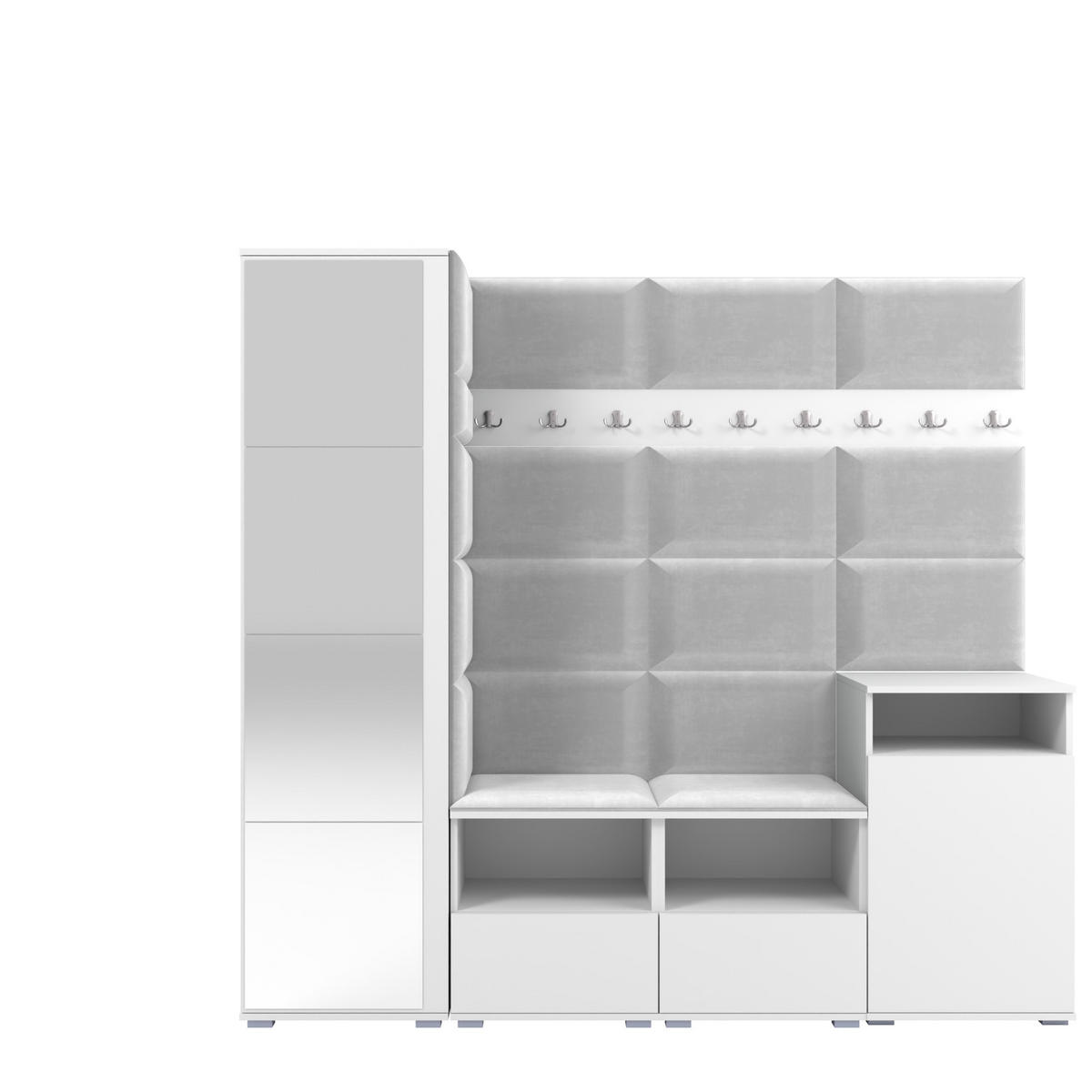 GARDEROBE NELA X 200 cm (Modulare Flurmöbel Weiß mit Spiegel & Sitzpolster Hellgrau 32 Schrank + Sideboard) - Silberfarben/Hellgrau, Holz/Holzwerkstoff (200/187/40cm) - Ravio