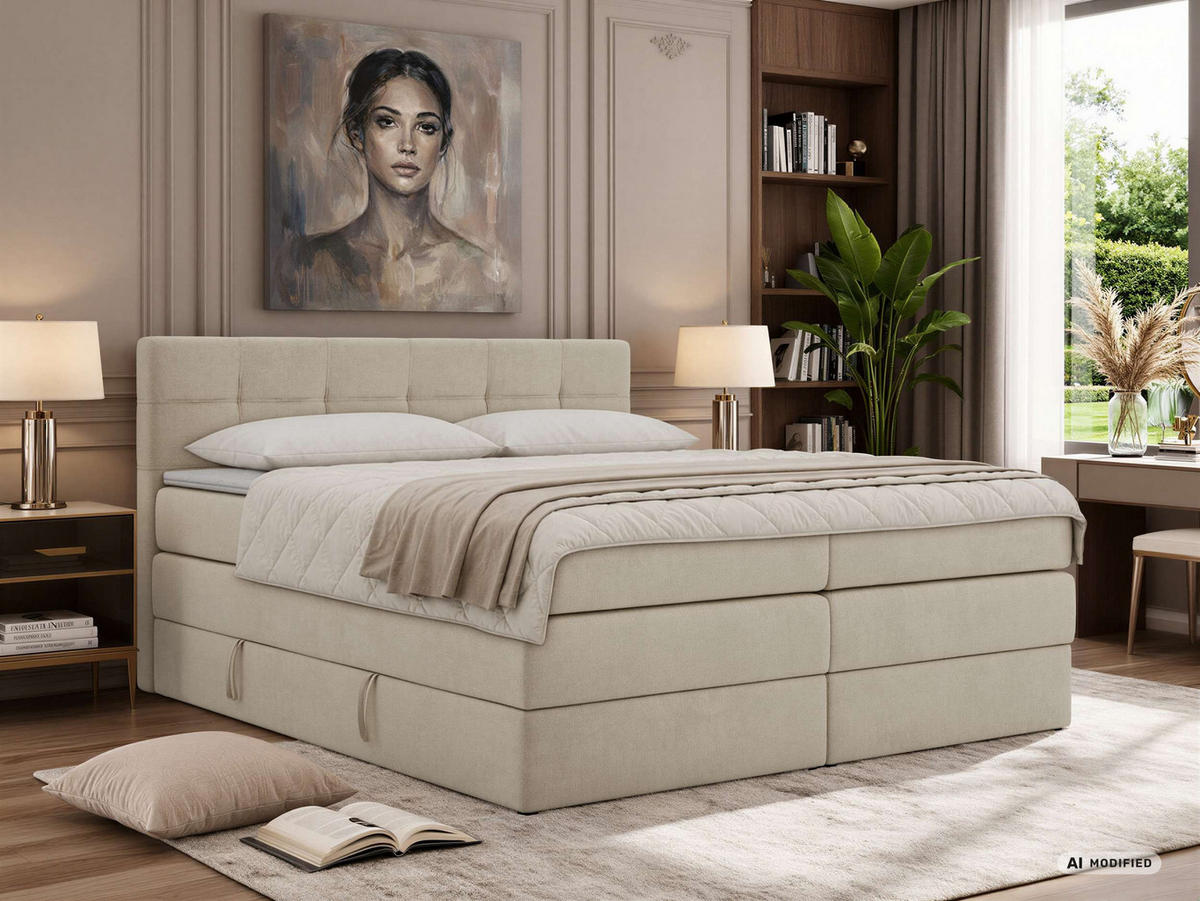 BOXSPRINGBETT SOLVEN KING 160/200 - Creme Jersey - Topper T25 - H4 - Creme/Schwarz, Kunststoff/Textil (160/200cm) - MKS