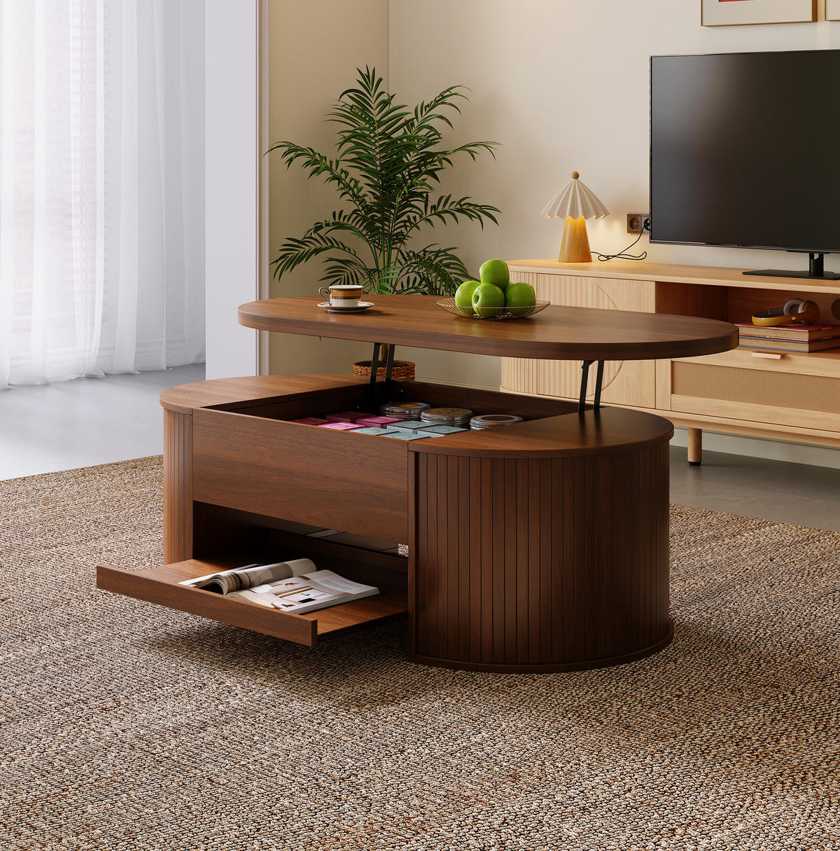 KONFERENČNÍ stolek 110/55,5/40 cm ořechová z MDF s výklopnou deskou a úložným prostorem - přírodní, kompozitní dřevo (110/55.5/40cm) - OKWISH