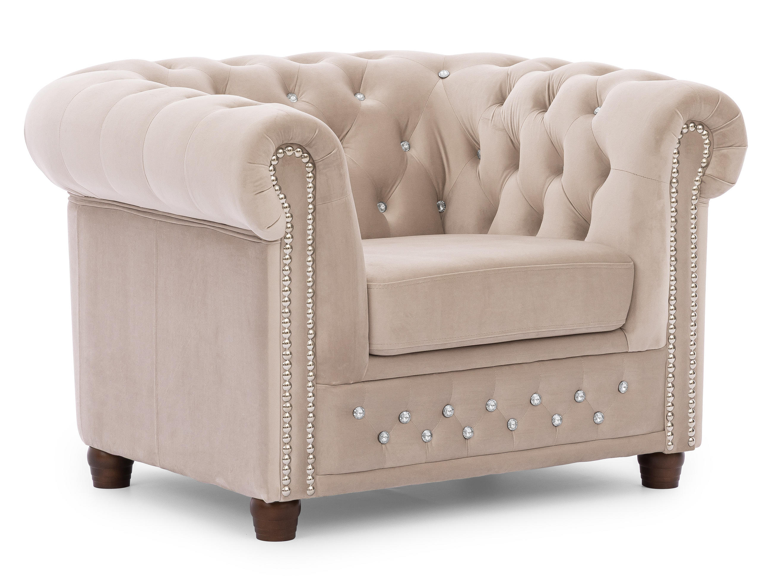 CHESTERFIELD-SESSEL Cleo Blink Beige Samt mit Kristallsteppung und braunen Massivholzfüßen - Beige/Braun, Holz/Textil (104/72/86cm) - S-Style Möbel