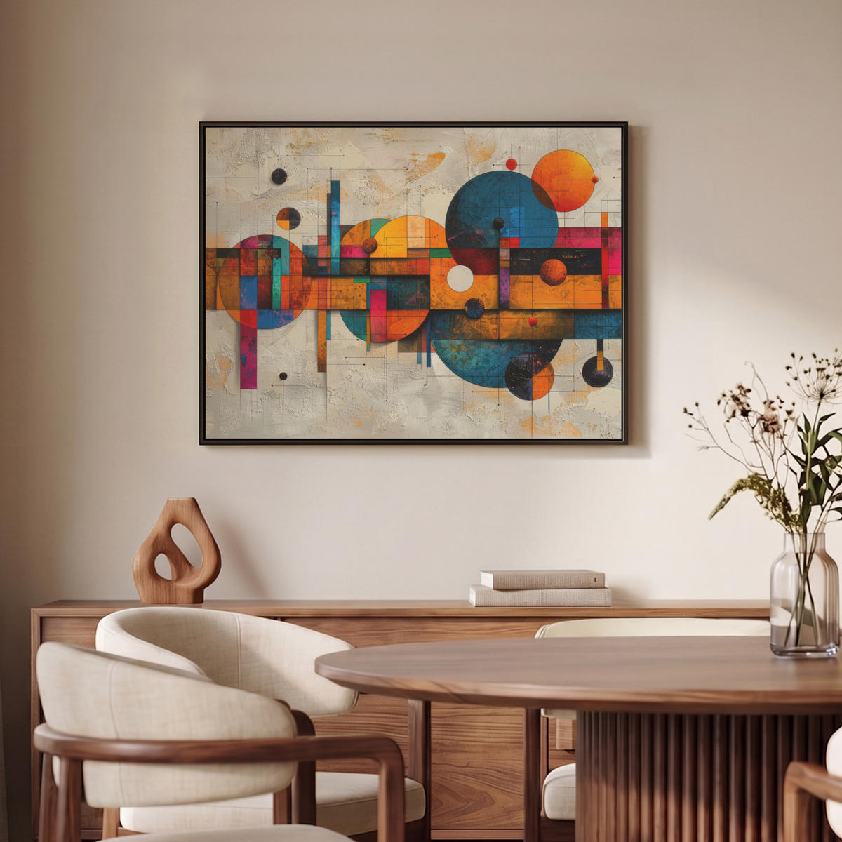 LEINWAND Bilder mit Rahmen - Vintage - Moderne Kunst - Orange - Geometrische Formen - 80x60 - Multicolor, Textil (80/60cm) - MuchoWow