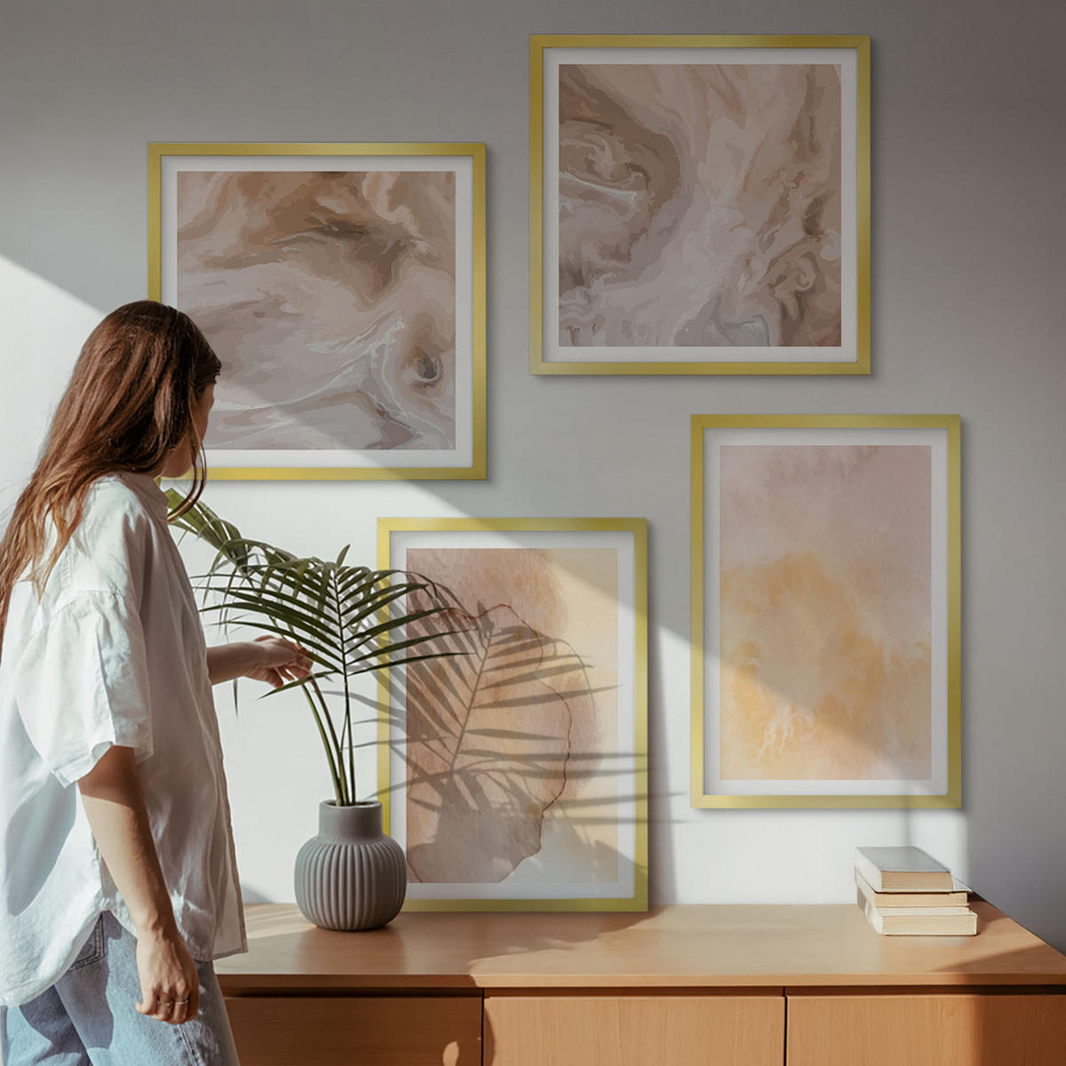 WANDBILDER 4er Set - 50x50 cm & 40x60 cm Goldrahmen - Warme Aquarellfarben auf Leinwand - Goldfarben, Kunststoff (50/50cm) - ArtPrintCave
