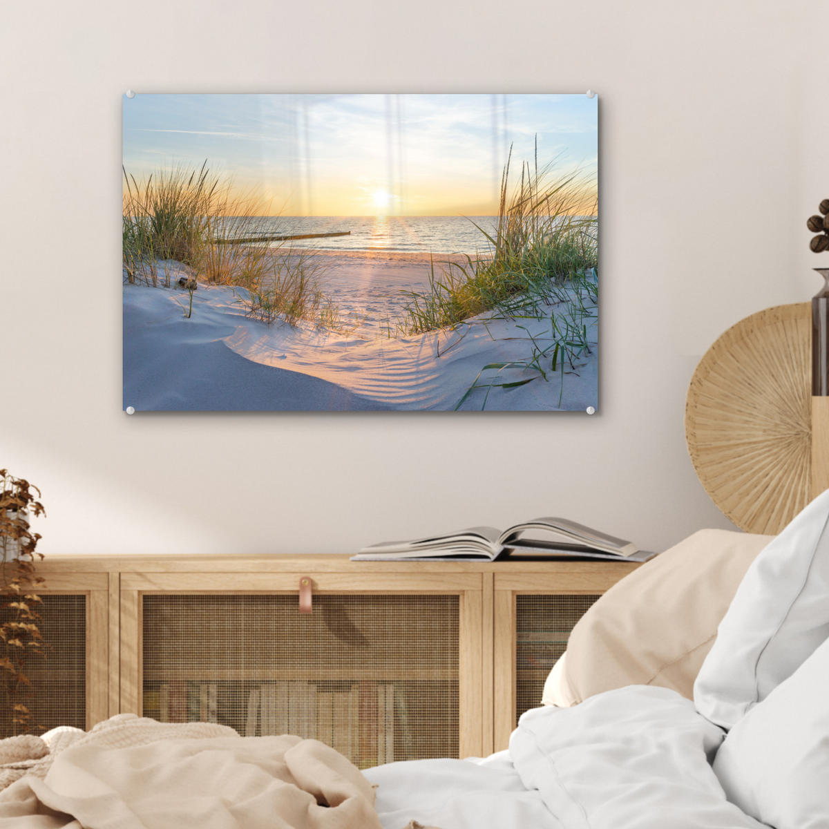 ACRYLGLASBILD Strand - Sonne - Düne - Gras - Sand - Horizont 60x40 cm - Hellblau, Glas (60/40cm) - MuchoWow