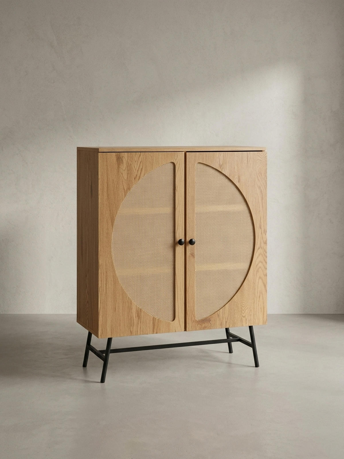 SIDEBOARD – Eiche-Dekor/Rattan, 80x103x39 cm, 2 Türen, hoch - Schwarz/Braun, Holzwerkstoff/Metall (80/103/39cm) - KADIMA DESIGN