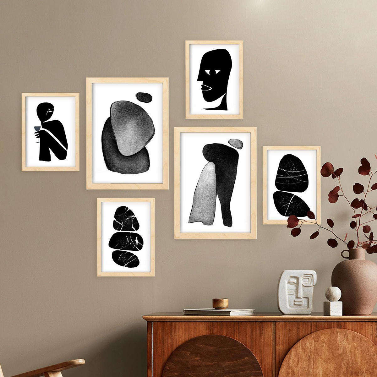 POSTER Set Mit 6 Datenlose Köpfe In Liebhaber Abstrakt Ästhetische Dekorative Gemälde Für Ihr Wohnzimmer Zuhause A3 & A4 Rahmen Aus Hellem Holz - Beige, Papier (29/3cm) - Nacnic