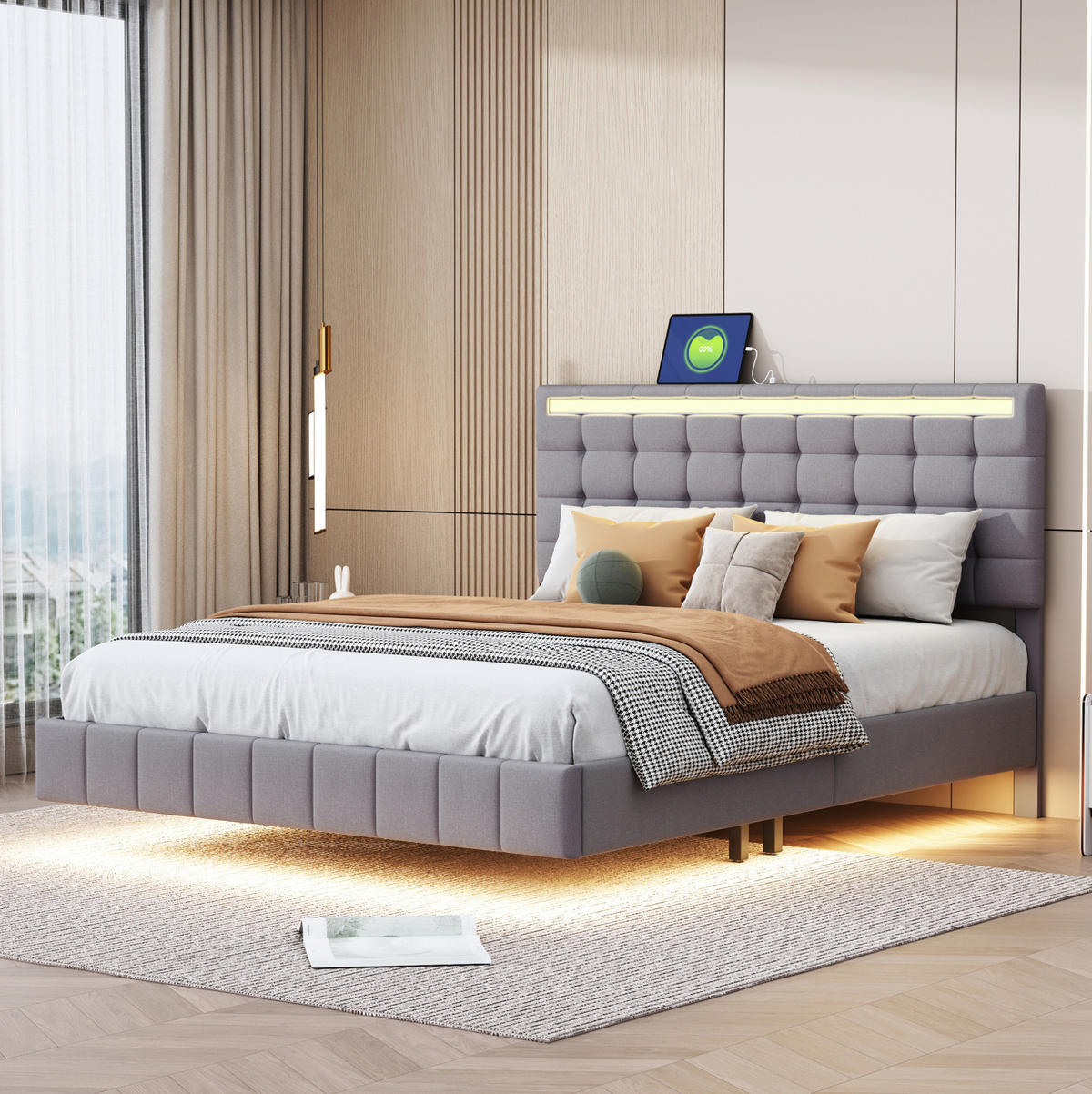 ČALÚNENÁ posteľ 140/200 cm, sivá, s LED osvetlením a skrytými nohami - sivá, textil (140/200cm) - BEAOK