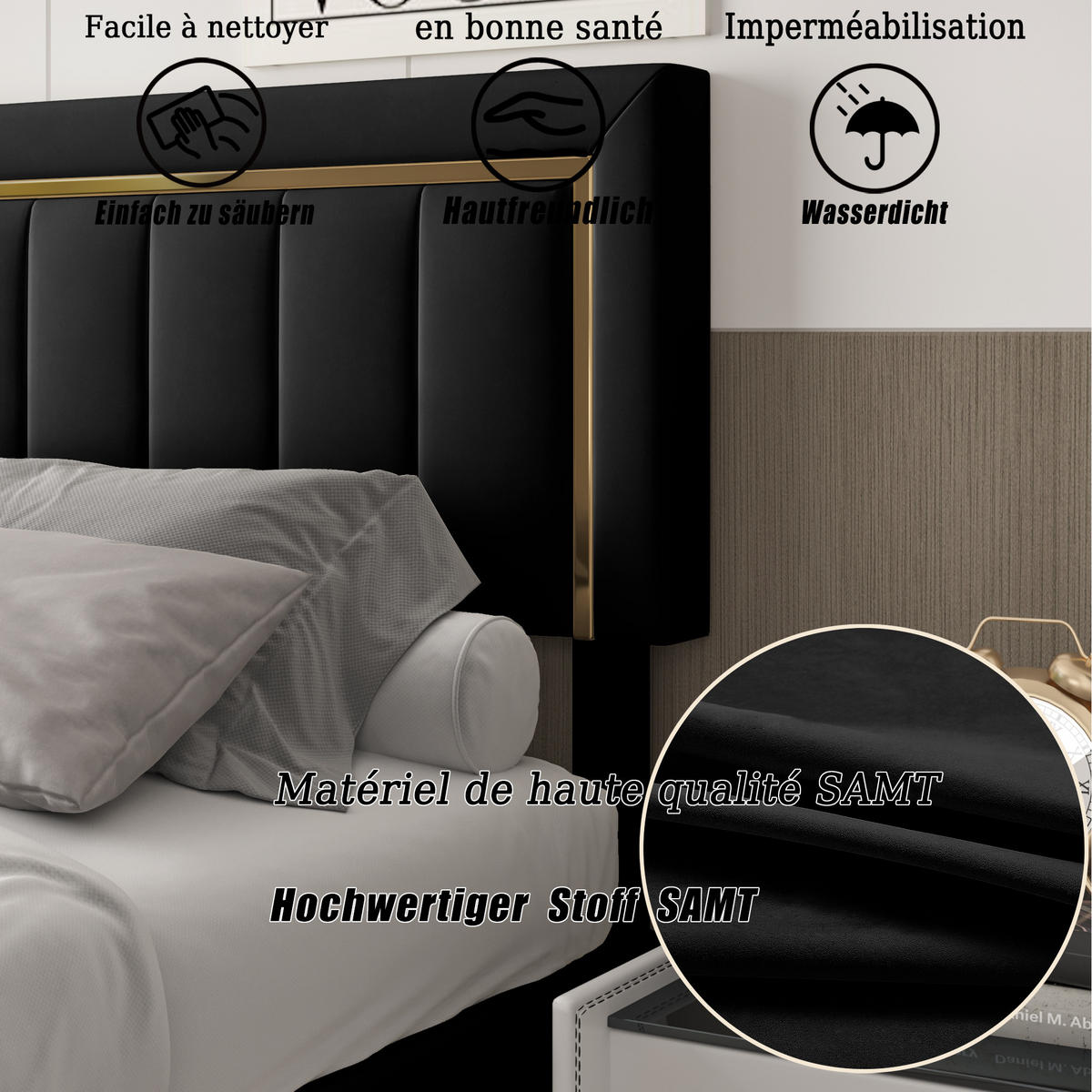 POLSTERBETT 140x200 cm, Doppelbett mit Stauraum und lattenrost, Samtstoff, Schwarz - Schwarz, Holz (140/200cm) - BRILVERDE