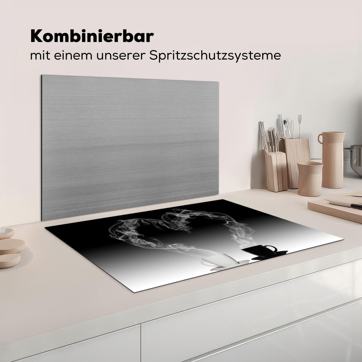 HERDABDECKPLATTE Kaffee - Herz - Schwarz und weiß - Tassen Ceranfeldabdeckung 76x51.5 cm - Weiß, Kunststoff (76/51.5/0.2cm) - MuchoWow