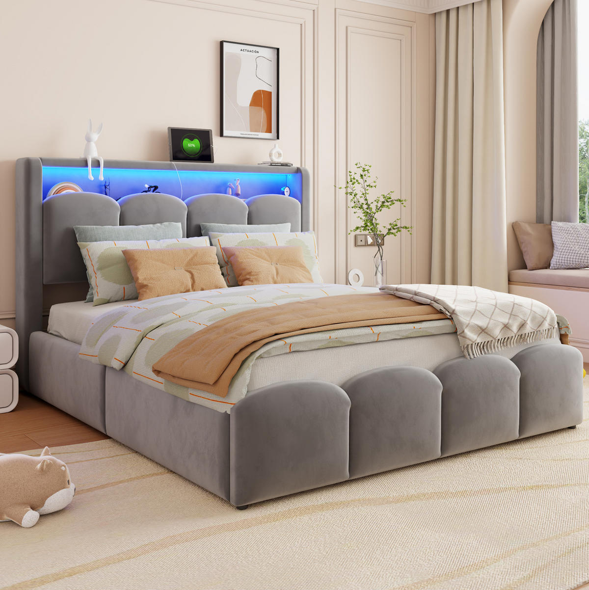 POLSTERBETT 140x200 cm in Grau mit LED, USB-/Typ-C-Anschlüssen und Stauraum - Grau, Textil (140/200cm) - IVMEU