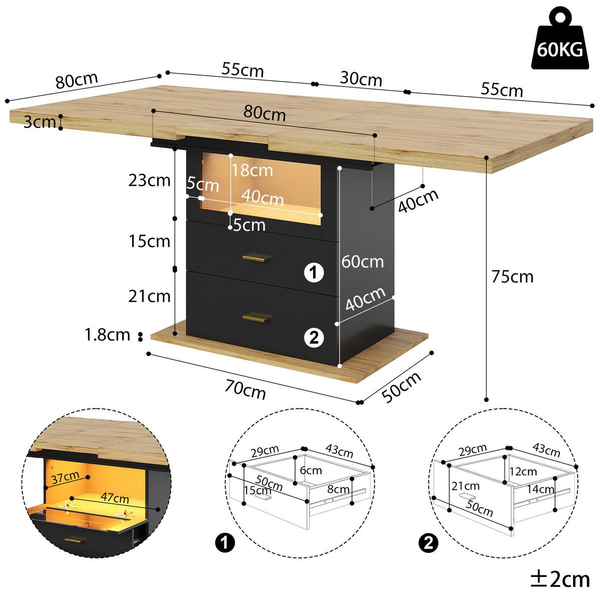 ESSTISCH 110-140x80x75 cm in Natur und Schwarz aus MDF mit LED-Beinen ausziehbar - Naturfarben, Holzwerkstoff (140/80/75cm) - Modfu