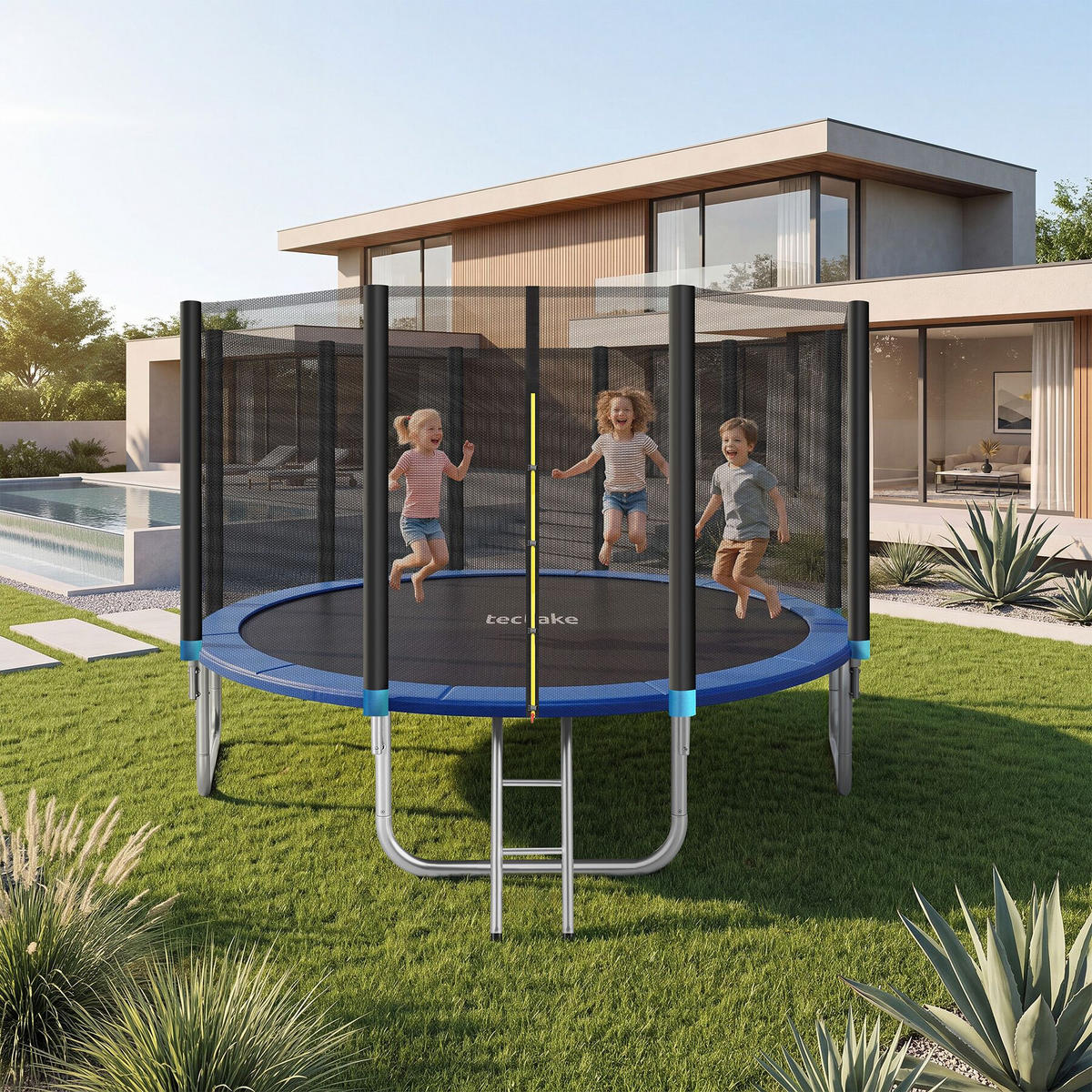 TRAMPOLIN Garfunky, inklusive Einstiegsleiter, schwarz/blau - Blau/Schwarz, Metall (427/260/427cm) - tectake
