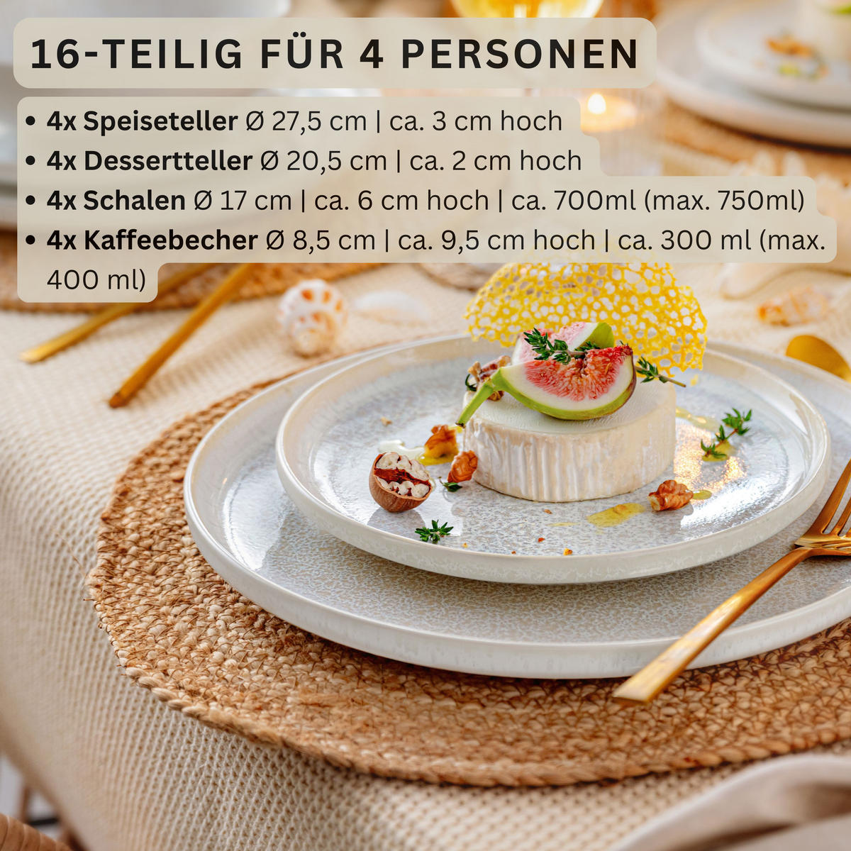 KOMBISERVICE KORFU - 16 teilig aus Steingut - Creme, Stein (27.5/9.5/27.5cm) - Sänger