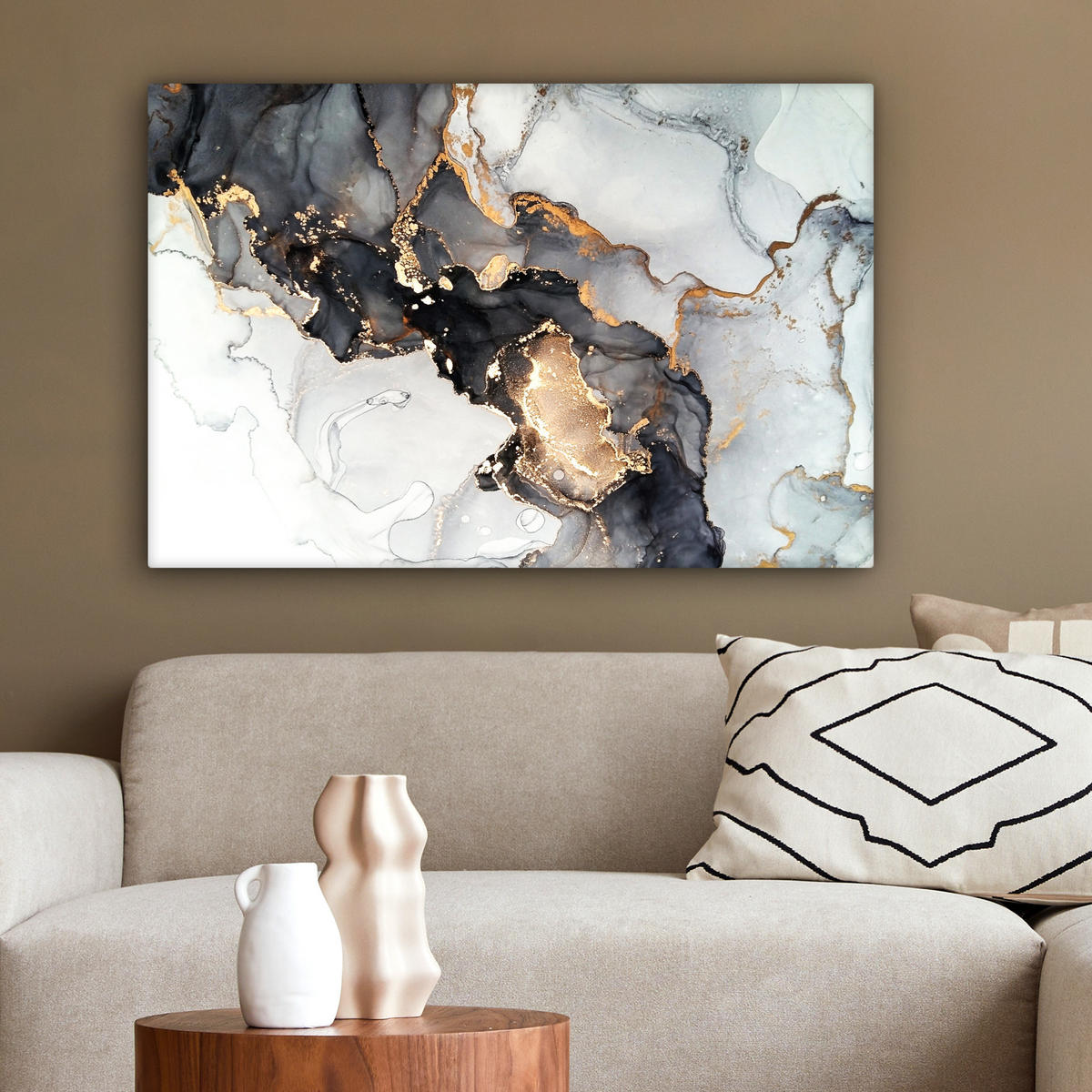 LEINWANDBILD Marmor - Schwarz - Weiß - Gold - Luxus - Abstrakt Gemälde 60x40 cm - Goldfarben, Textil (60/40cm) - MuchoWow