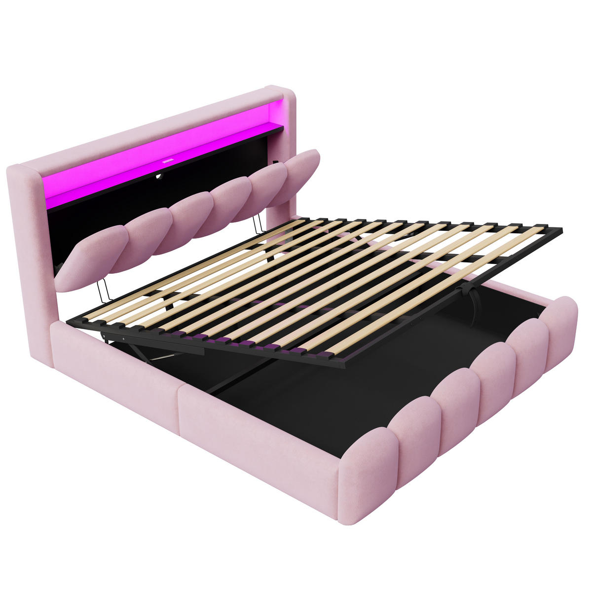STAURAUMBETT 180/200 cm mit LED, USB-C und Hydraulik, DE-02093, in Rosa - Pink, Metall (180/200cm) - ComfortXL