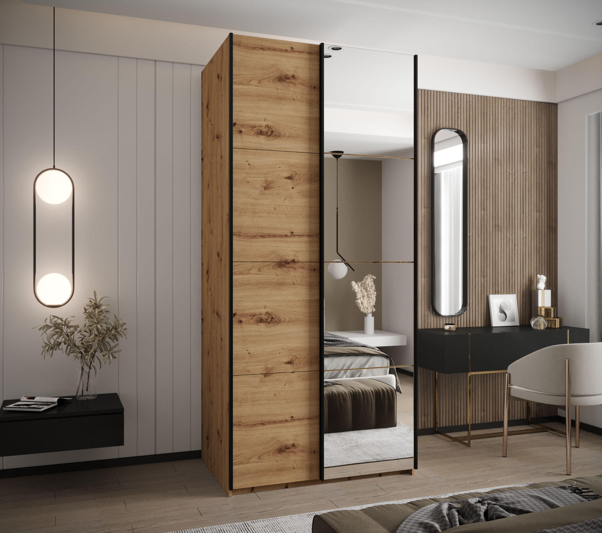 SCHWEBETÜRENSCHRANK 245,5/120/64 2-türig - Schwarz/Eiche Artisan, Holz/Metall (120/245/64cm) - Abiks Möbel