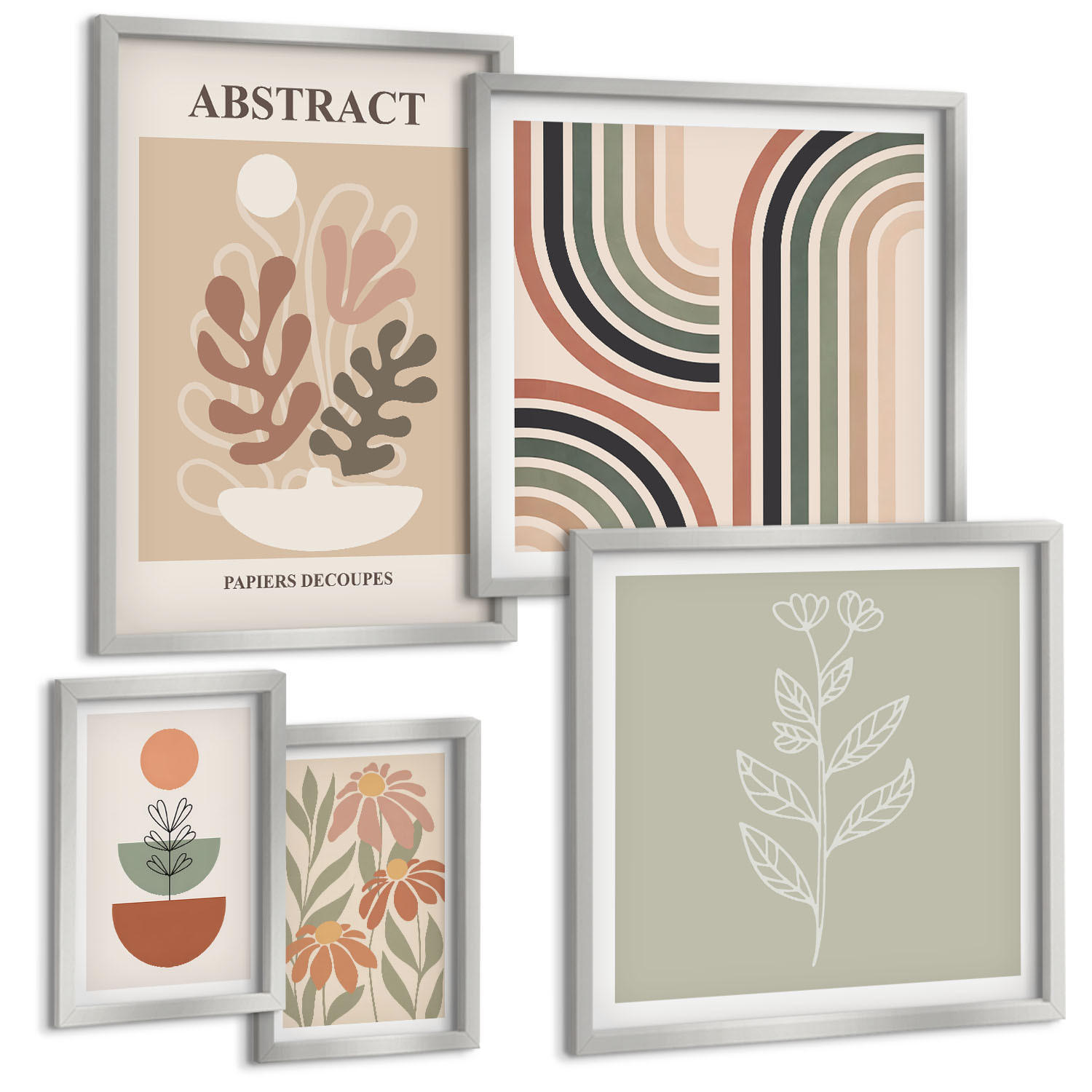 BILDER SET 5er Set - 50x50 cm & 20x30 cm & 40x60 cm Silberner Rahmen - Abstrakte Pastellpflanzen - Silberfarben, Kunststoff (40/60cm) - TULUP