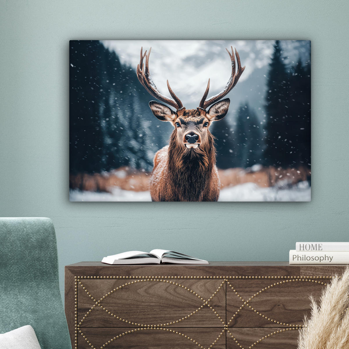 LEINWANDBILD Hirsche - Tiere - Landschaft - Winter - Schnee Gemälde 60x40 cm - Kastanienfarben, Textil (60/40cm) - MuchoWow