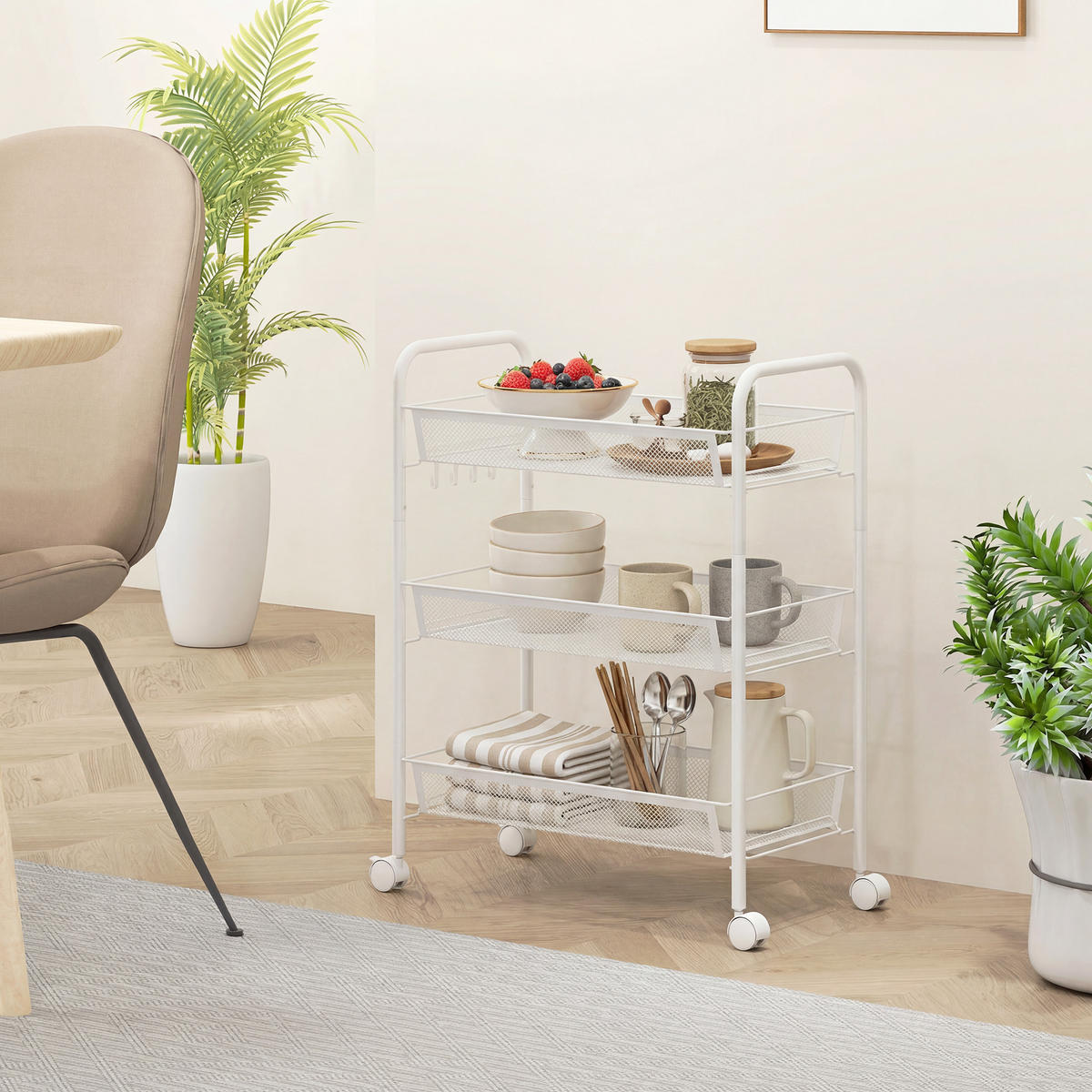 SERVIERWAGEN DE-12537 3 abnehmbare Körbe mit 4 Haken 45/26,5/63 cm Weiß - Weiß, Metall (26.5/63/45cm) - ComfortXL