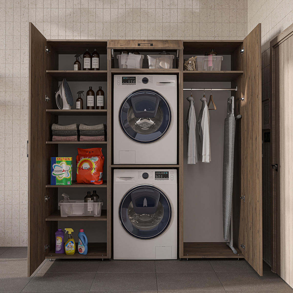 WASCHMASCHINENSCHRANK DUO-II 187cm Breit, 205cm Hoch - Eichefarben, Holzwerkstoff (187/205/67cm)