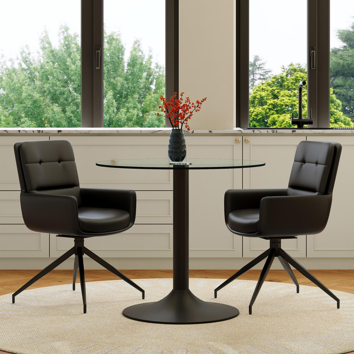 ESSGRUPPE DE-39489 3-teilig, Glastisch und 2 Drehstühlen Schwarz - Schwarz, Metall (85/75/85cm) - ComfortXL