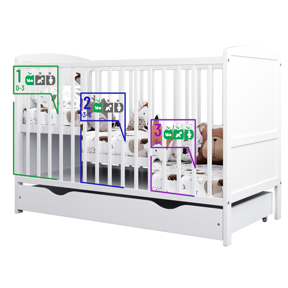 BABYBETT 2-IN-1 mit Schublade mit Matratze 60/120 cm Weiß - Weiß, Holz (60/120cm) - Lettino