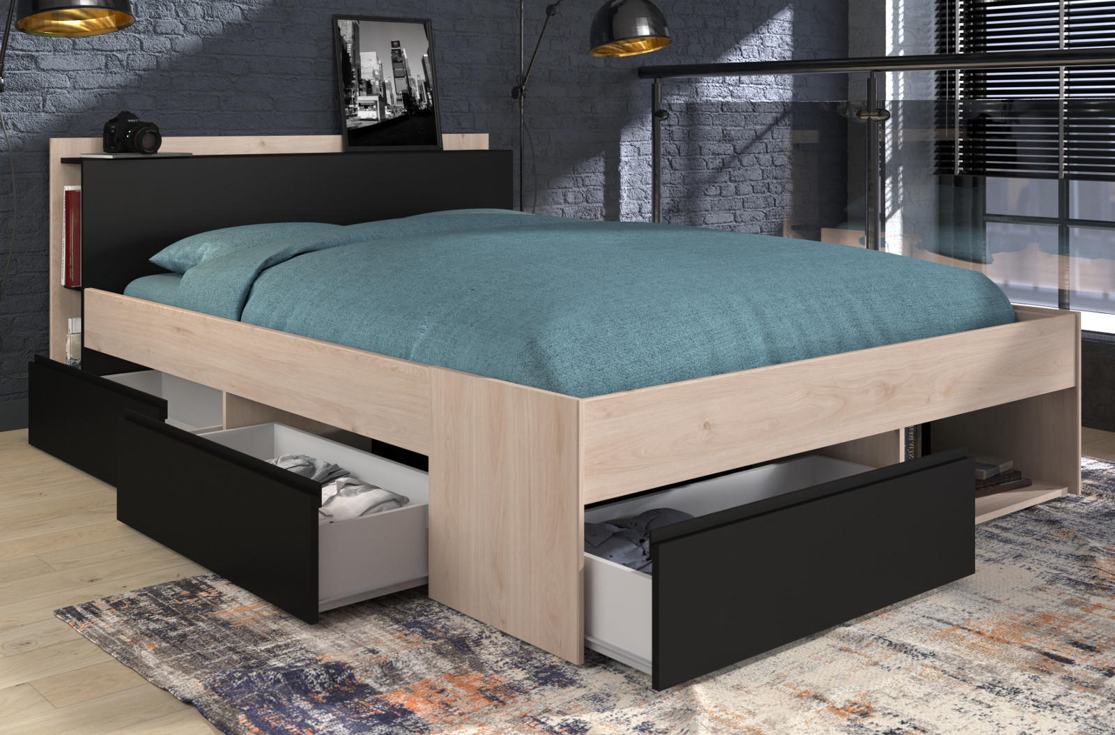 BETT mit Regal 3 x Schubkasten Stauraumbett 160 x 200 cm - Eichefarben/Schwarz, Holzwerkstoff (160/200cm) - Parisot Meuble