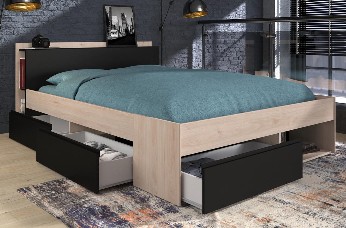 BETT mit Regal 3 x Schubkasten Stauraumbett 160 x 200 cm - Eichefarben/Schwarz, Holzwerkstoff (160/200cm) - Parisot Meuble