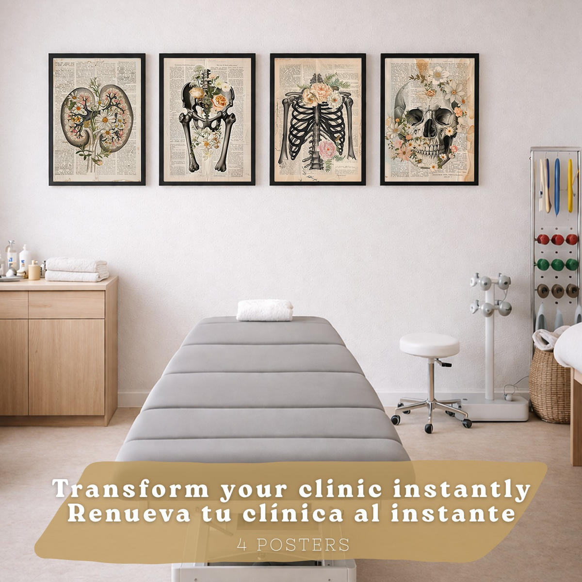 POSTER Set aus 4 Anatomie Drucke und Wandbilder mit Nieren Becken Knochen Hüfte Rippen Wirbelsäule Schädel Antiker Buch Stil Größe Schwarzer Rahmen A3 - Schwarz, Papier (29.7/42/3cm) - Nacnic