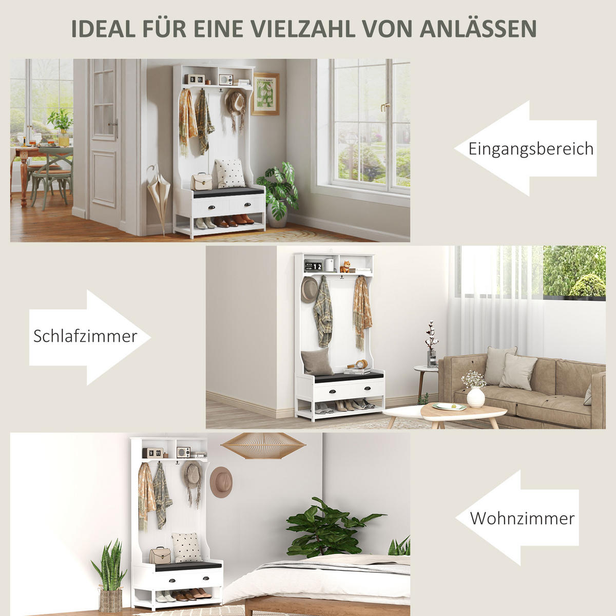 2-IN-1 Garderobenständer, Kleiderständer mit 4 Haken, Garderobe mit Schuhbank - Weiß/Grau, Holzwerkstoff/Textil (42/172/89cm) - HOMCOM