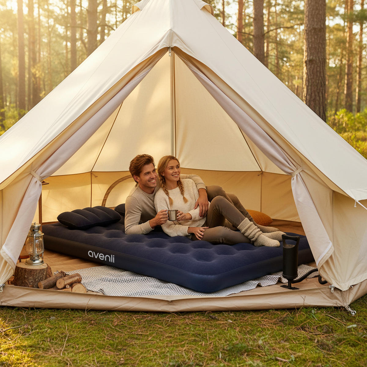 LUFTBETT Luftmatratze Camping 2 Personen 203x152x22cm blau 2 Kissen & Luftpumpe - Blau, Kunststoff (152/203cm) - Avenli