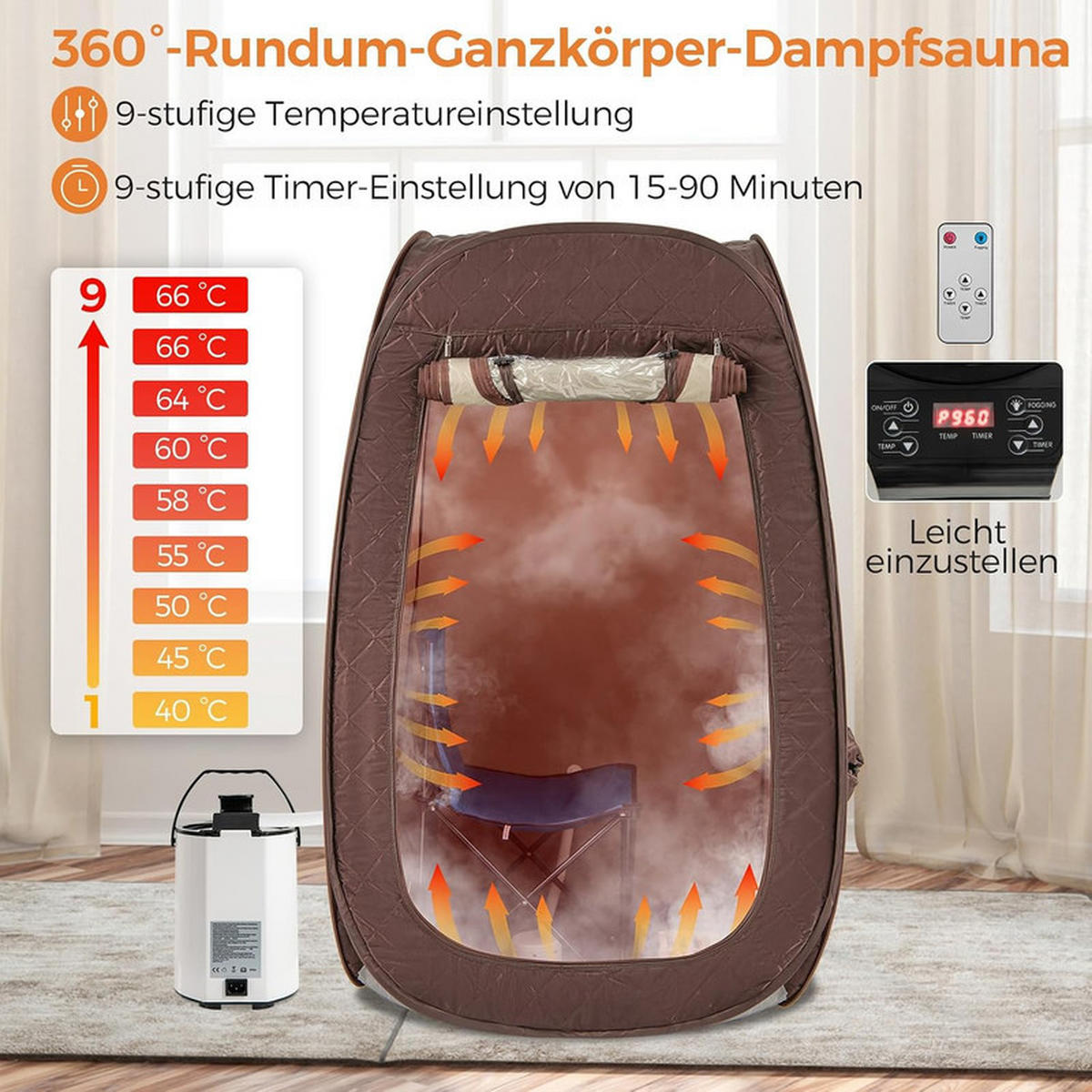 DAMPFSAUNA Tragbare braun - Braun, Textil (89/149/89cm) - COSTWAY