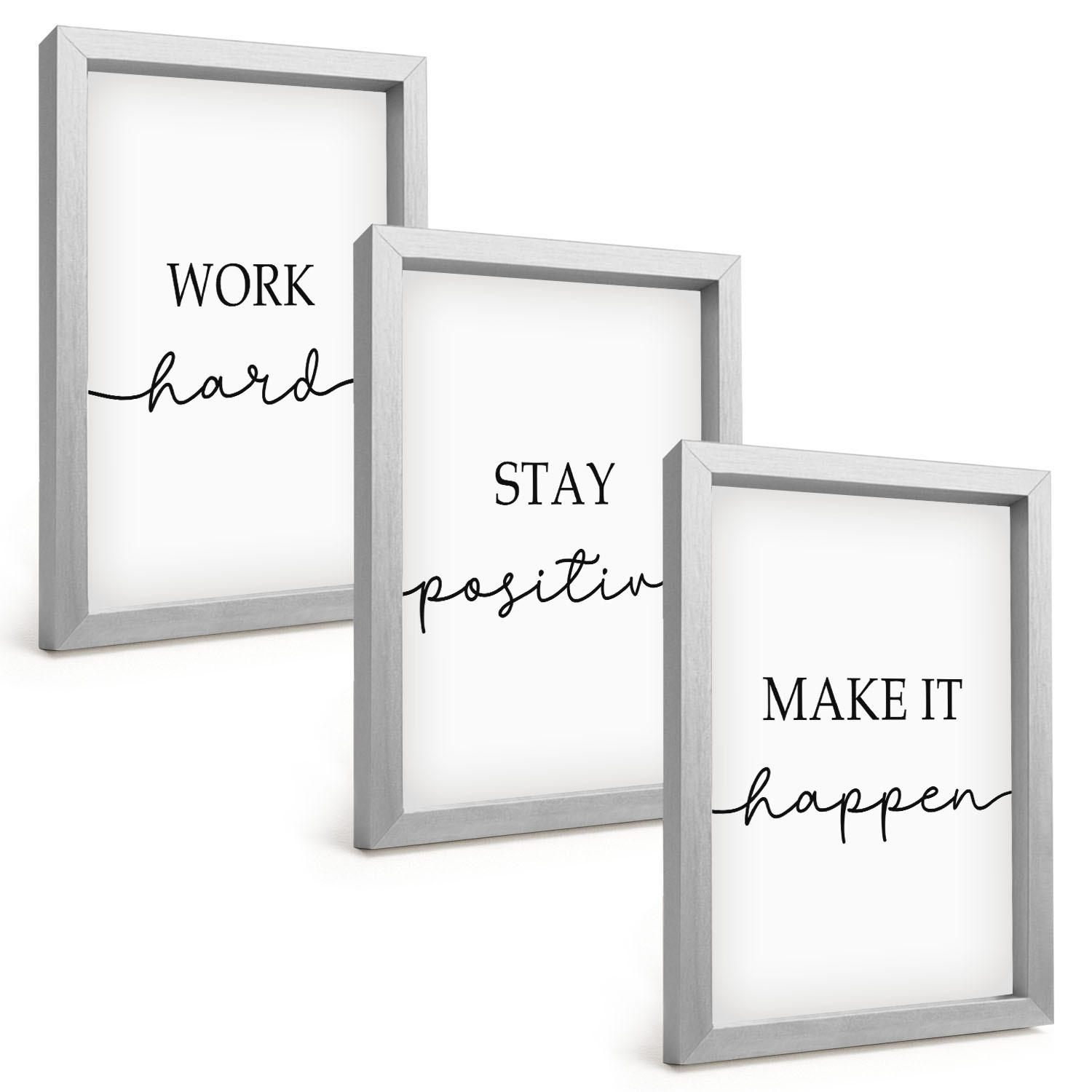 BILDER SET 3er Set - 20x30 cm Silberner Rahmen - Minimalistische Motivationsinschriften - Silberfarben, Kunststoff (20/30cm) - TULUP
