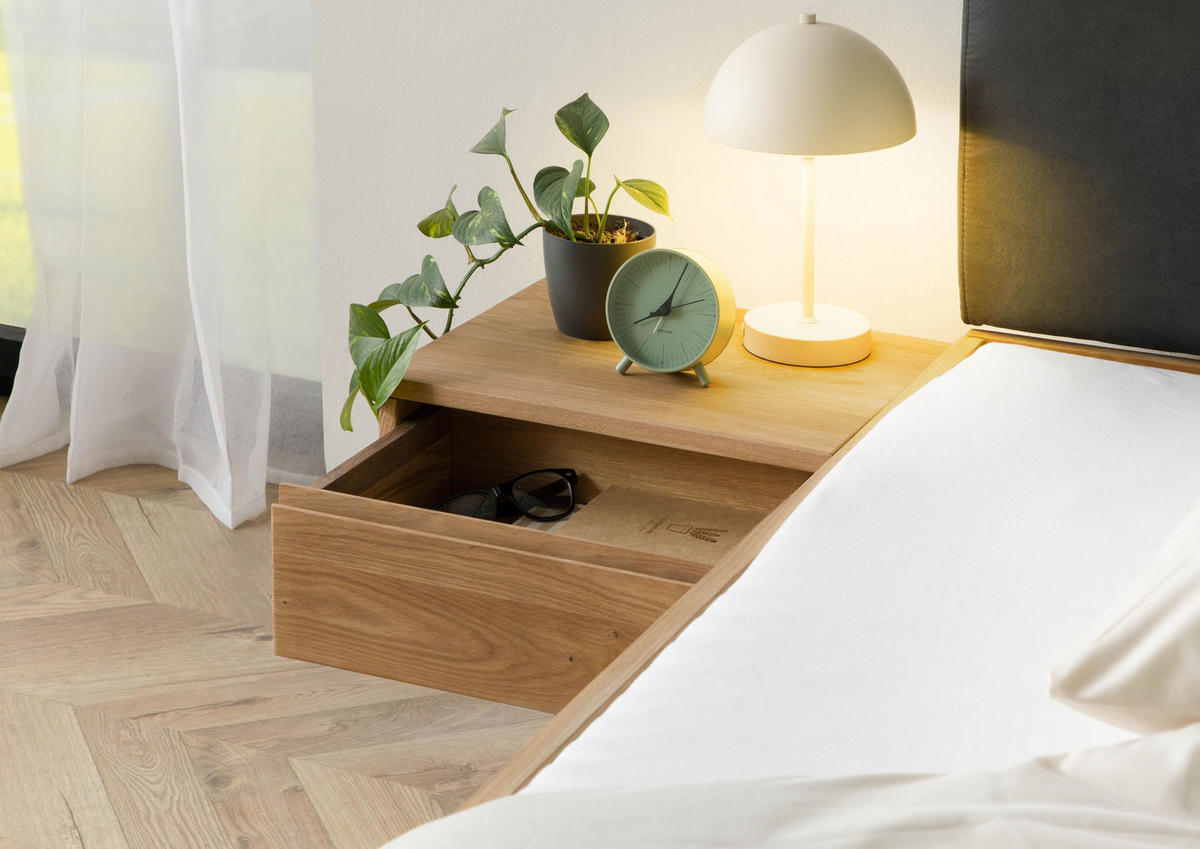 BETT mit Nachttisch Massivholz Eiche 200 x 200 x 86 natur FICHTELBERG #52 - Anthrazit/Naturfarben, Holz (200/200cm) - Massivmoebel24
