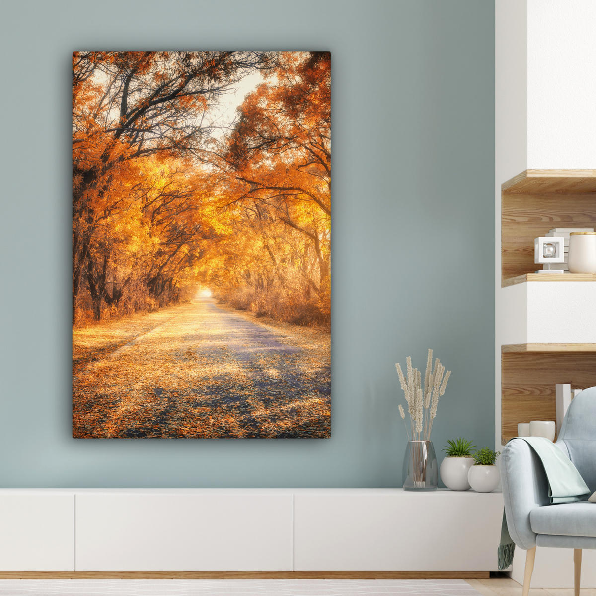 LEINWANDBILD Wald - Herbst - Bäume - Waldweg - Natur Deko XXL 80x120 cm - Bernsteinfarben, Textil (80/120cm) - MuchoWow