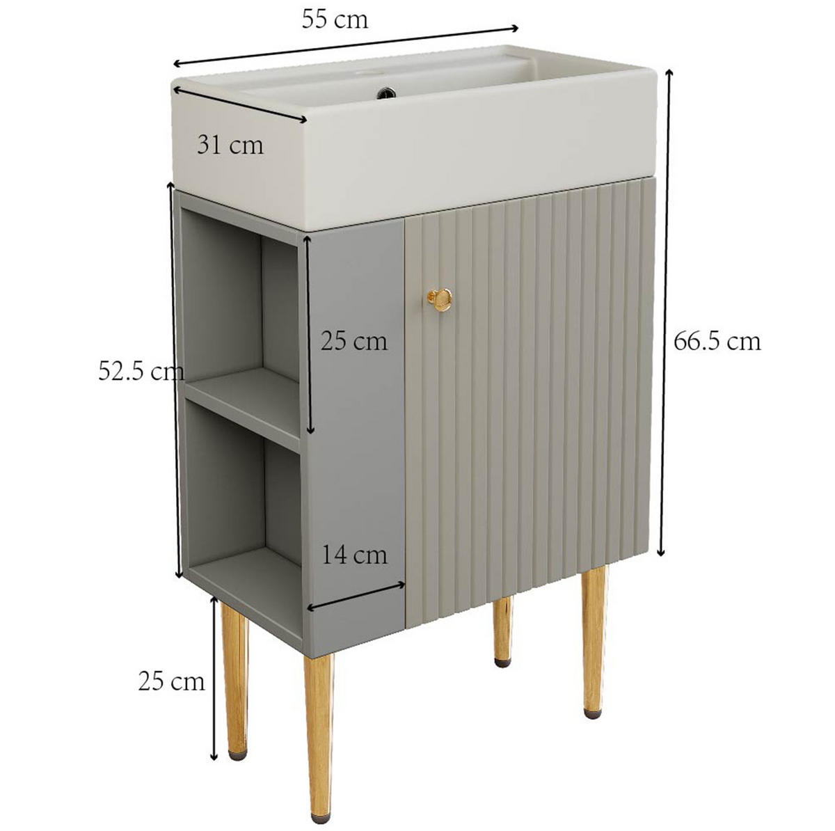 BADEZIMMERSCHRANK 55x31x91.5cm Grau-Weiß mit Hochglanz-Keramikbecken - Grau, Holzwerkstoff (55/91.5/31cm) - Modfu