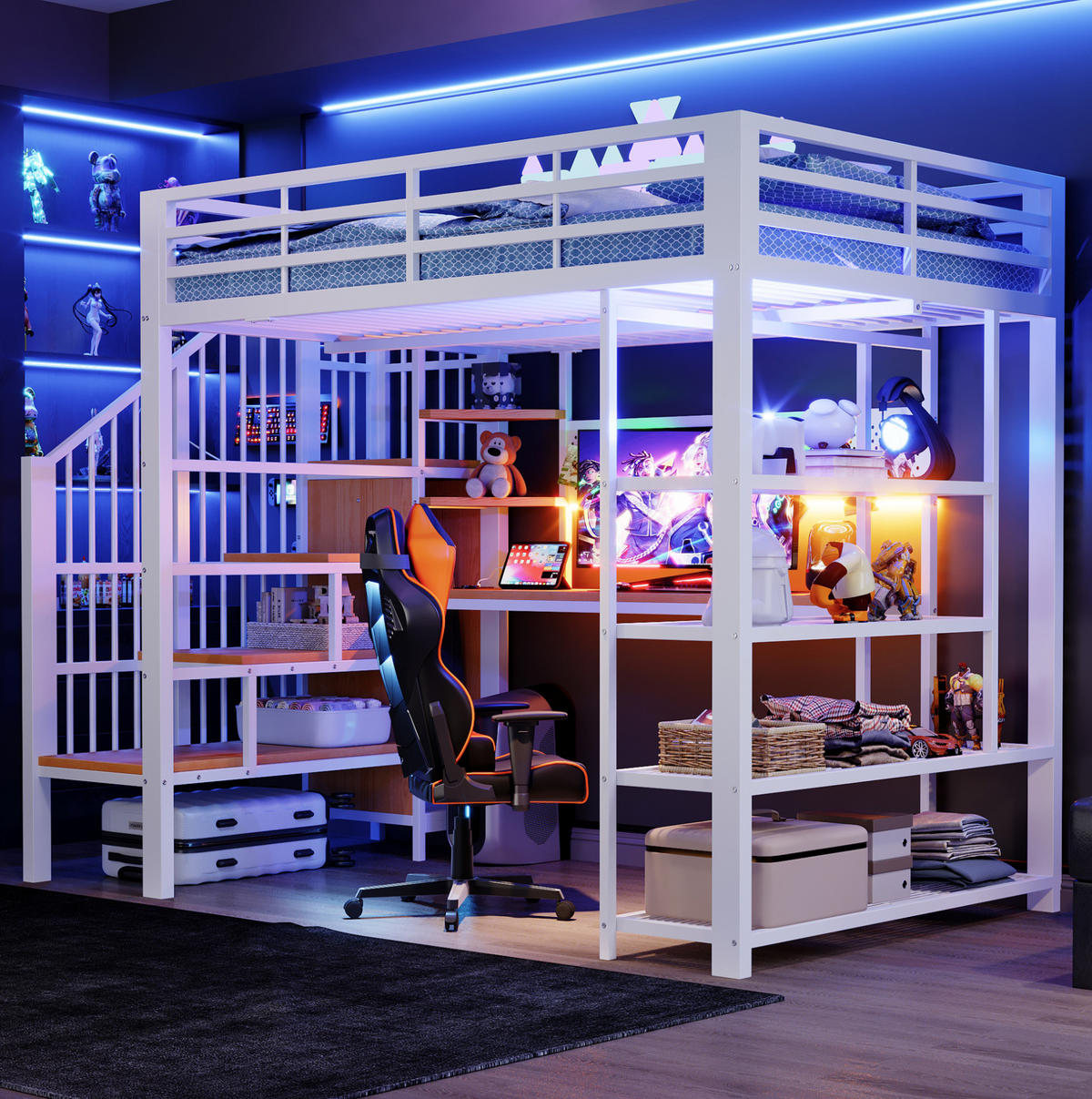 HOCHBETT 140/200 cm aus Metall und Holz mit Staumtreppe LED-Beleuchtung und Schreibtisch Weiß - Weiß, Metall (140/200cm) - Modenvie