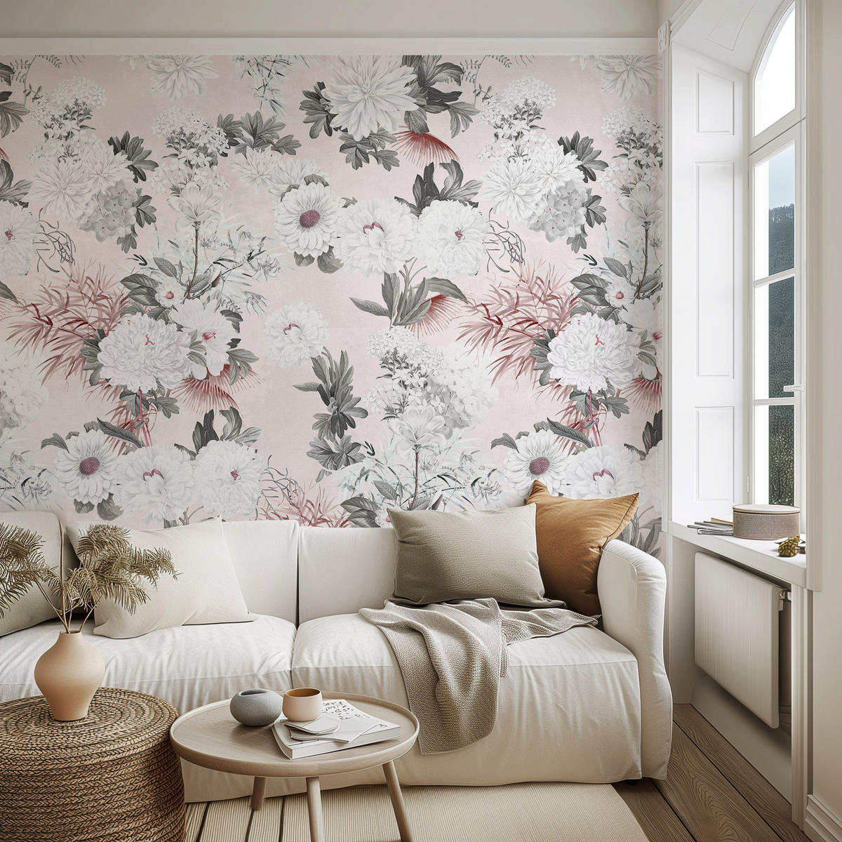 TAPETE Blumen in Puderrosa aus echtem Papier, 180x260cm, 2 Rollen - Pink, Papier (180/260cm) - WALLPAPERS4BEGINNERS