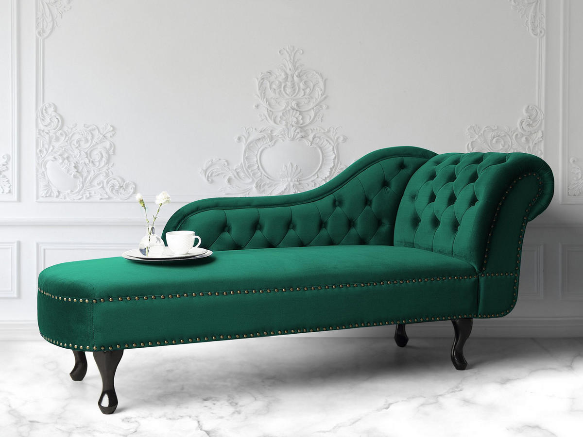 CHAISELONGUE Samtstoff grün rechtsseitig Nimes - Dunkelbraun/Grün, Textil (170/79/61cm) - Beliani