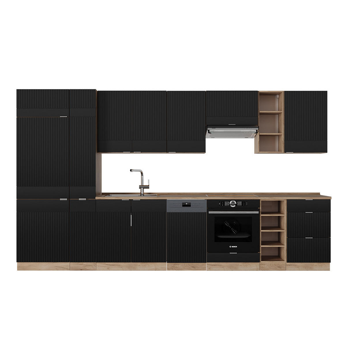 KÜCHENZEILE Fame-Line, Schwarz gestreift/Goldkraft Eiche, 355 cm, AP Eiche - Honigeiche/Schwarz, Holzwerkstoff (355/81.6/60cm) - Vicco