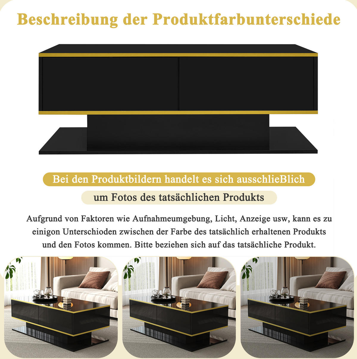 KONFERENČNÍ stolek z dřevotřísky, 100/50/40 cm černý/zlatý, s LED osvětlením a 3 zásuvkami - černá, kompozitní dřevo (100/50/40cm) - BEAOK