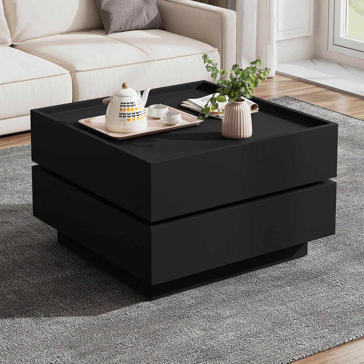 COUCHTISCH 60/60/38 cm 360° drehbar mit 2 Schubladen in Schwarz - Schwarz, Holzwerkstoff (60/60/38cm) - Flora Grace