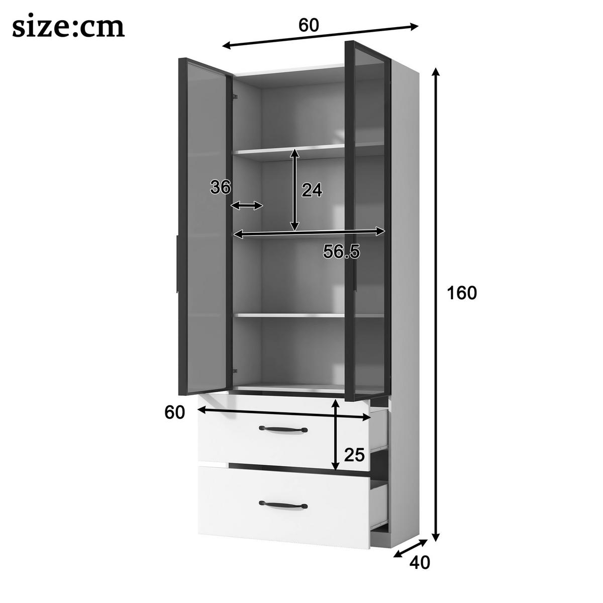 VITRINE aus Spanplatte 60x40x160cm in Weiß mit LED & Schubladen - Weiß, Holzwerkstoff (60/160/40cm) - Modfu